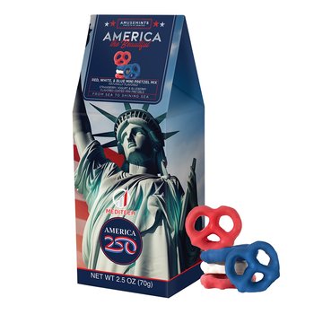 Patriotic America 250 USA Red, White, & Blue Mini Pretzels in Full Color Gable Box - 2.5 oz. from Positive Promotions
