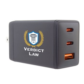 GaN Fast Charging Laptop and Phone Wall Charger with Three Ports 65W USB-A USB-C - Personalization from Positive Promotions