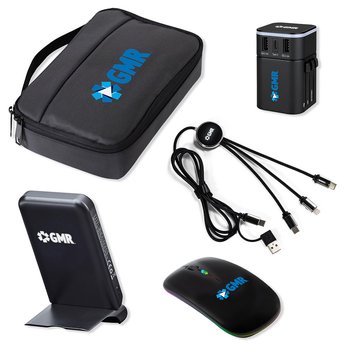 5 PC Tech Kit with Organizer Pouch, MagSafe Light Up Power Bank, Light Up International Adapter, from Positive Promotions