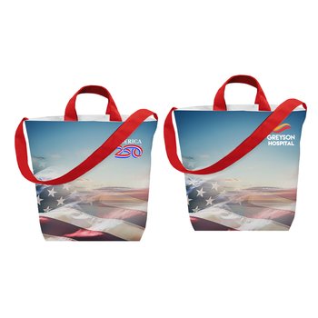 Official America250 USA Made Patriotic Recycled rPET Tote Bag with Flag Design - Personalizati from Positive Promotions