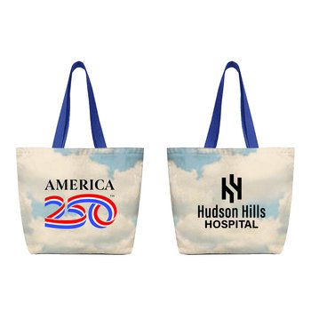 Official America250 USA Made Patriotic Recycled Cotton Canvas Tote Bag With Blue Clouds Design - One-Color Personalization Available from Positive Promotions