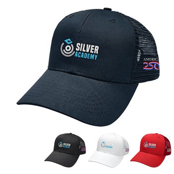 Official America250 USA Made Patriotic 6-Panel Trucker Cap - Embroidered Personalization Available from Positive Promotions