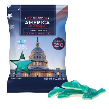 Official America250 Patriotic USA Blue Gummy Sharks in 4-oz. Bag - Full-Color Personalization Available from Positive Promotions