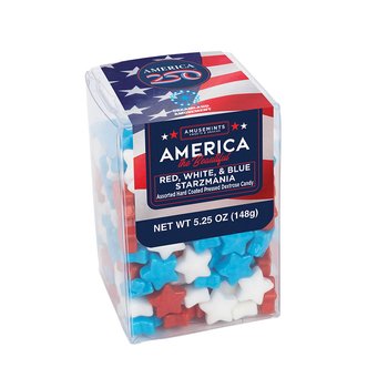 Official America250 Patriotic USA Red, White, & Blue Starzmania Hard Candy in 5.25-oz. Cube - Full-Color Personalization Available from Positive Promotions