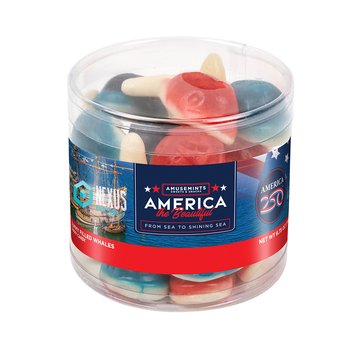Official America250 Patriotic USA Red, White, & Blue Gummy Whales in 6.75-oz. Round Container - Full-Color Personalization Available from Positive Promotions