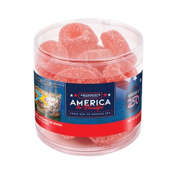 Official America250 Patriotic USA Gummy Watermelon Rings 6.5 oz. in Container - Full-Color Personalization Available from Positive Promotions