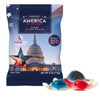 Official America250 Patriotic USA Red, White, & Blue Gummy Whales 4 oz. in Bag - Full-Color Personalization Available from Positive Promotions