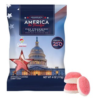 Official America250 Patriotic USA Strawberry Puffs 4 oz. in Bag - Full-Color Personalization Available from Positive Promotions