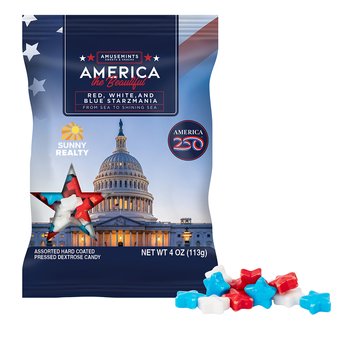 Official America250 Patriotic USA Red, White, & Blue Starzmania Hard Candy 4 oz. in Bag - Full-Color Personalization Available from Positive Promotions