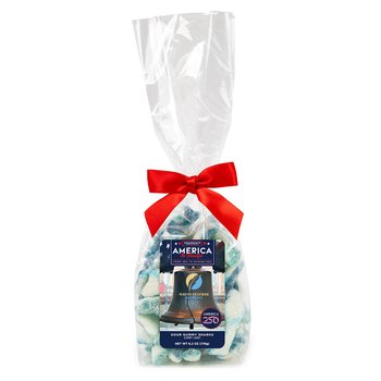 Official America250 Patriotic USA Blue Sour Gummy Sharks 6.2 oz. in Bag - Full-Color Personalization Available from Positive Promotions