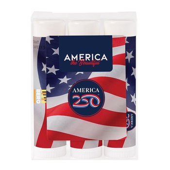 USA Made America250 Patriotic Design Lip Balm - Pack of 3 - Full-Color Personalization Available from Positive Promotions