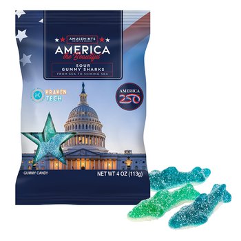 Patriotic America250 USA Gummy Sour Sharks 4 oz. in Bag - Full-Color Personalization Available from Positive Promotions