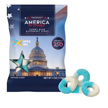 Patriotic America250 USA Blue Raspberry Rings 4 oz. in Bag - Full-Color Personalization Available from Positive Promotions