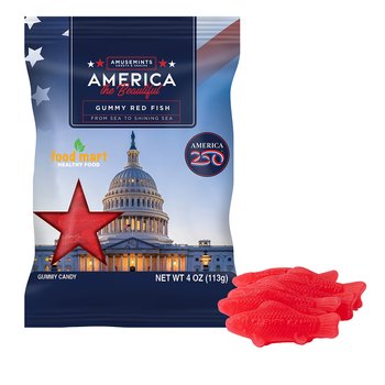 Patriotic America250 USA Gummy Red Fish 4 oz. in Bag - Full-Color Personalization Available from Positive Promotions