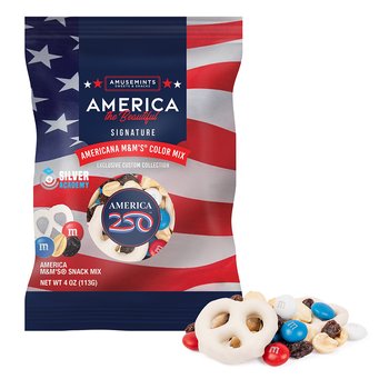 Patriotic America250 USA Americana M&M's® Snack Mix 4 oz. in Bag - Full-Color Personalization Available from Positive Promotions