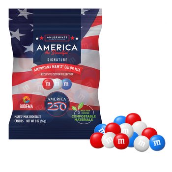 Patriotic America250 USA Red, White, & Blue M&M's® 4 oz. in Compostable Bag - Full-Color Personalization Available from Positive Promotions