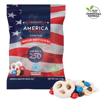 Patriotic America250® USA Americana M&M's® Snack Mix 4 oz. in Compostable Bag- Full-Color Personalization Available from Positive Promotions