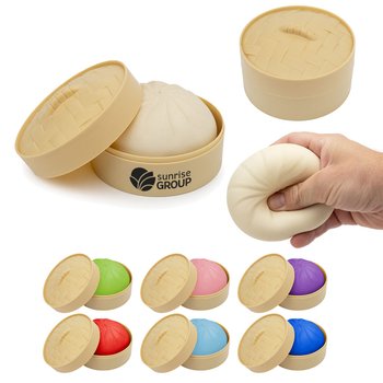 Sensory Dumpling Stress Toy in Recycled Basket - Personalization Available from Positive Promotions