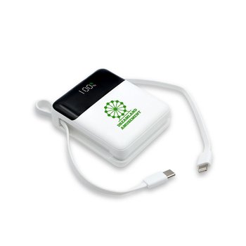 Mini Fast-Charging 10,000-mAh Power Bank With Built-In Cables - One-Color Personalization Available from Positive Promotions