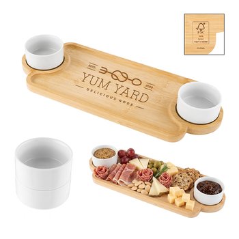 Recessed Bamboo Charcuterie Cutting Board With Two Stackable Bowls - Laser-Engraved Personalization Available from Positive Promotions