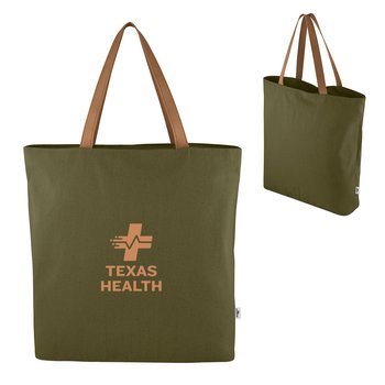 Recycled Cotton Tote Bag With Leatherette Handles - One-Color Personalization Available from Positive Promotions