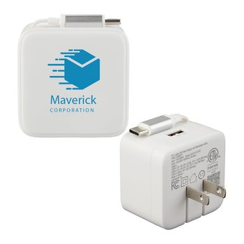 Dual Output ETL Listed Wall Charger With Retractable Cable 20W - One-Color Personalization Available from Positive Promotions