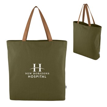 Lightweight Recycled Cotton Tote Bag With Faux Leather Straps - One-Color Personalization Available from Positive Promotions