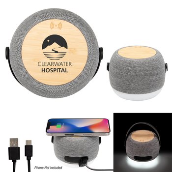Recycled rPET & Bamboo Wireless Light-Up Phone Charger & Bluetooth® Speaker 15W - One-Color Personalization Available from Positive Promotions