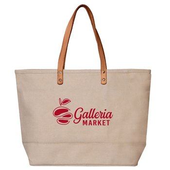 Dobby Cotton Canvas Tote Bag With Genuine Leather Handles - One-Color Personalization Available from Positive Promotions