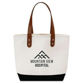 Structured Canvas Tote Bag With Vegan Leatherette Handles - One-Color Personalization Available from Positive Promotions