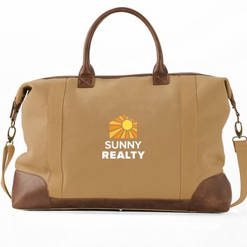 Thick Recycled Canvas Weekender Travel Duffel Bag With Leatherette Straps & Trolley Strap - Embroidered Personalization Available from Positive Promotions