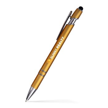 Low Minimum - Crown Deluxe Metallic Finish Click-Action Stylus Pen - Full-Color Personalization Available from Positive Promotions