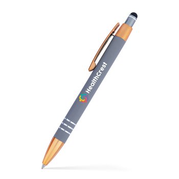 Low Minimum - Eclipse Soft-Touch Stylus Metal Pen With Copper Trim - Full-Color Personalization Available from Positive Promotions
