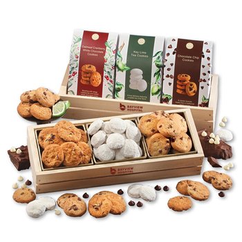 Bite-Size Cookie Sampler Wooden Crate Gift Set With 3 Cookie Flavors 7.5 oz. - Firebranded Personalization Available from Positive Promotions