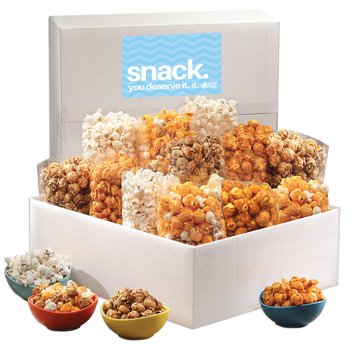 Gourmet Popcorn Party Box With White Cheddar, Caramel, & Triple Mix Varieties - 12 Bags - Full-Color Personalization Available from Positive Promotions