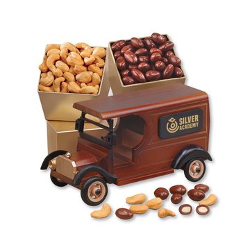Vintage Delivery Truck Gift Set With Fancy Cashews & Milk Chocolate Almonds - Gold Foil-Stamped Personalization Available from Positive Promotions