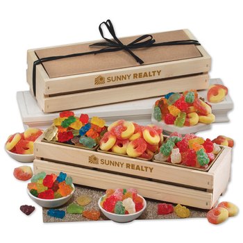 Albanese® Gummi Trio In Wooden Crate With Gummi Bears, Sour Gummi Bears, & Peach Rings - Firebranded Personalization Available from Positive Promotions