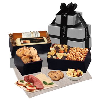Indulgent Gourmet Snack Tower With Cheese, Sausage, Cookies, Fruit, & More - Foil-Stamped Personalization Available from Positive Promotions