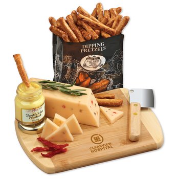Bamboo Charcuterie Board Gift Set With Cheese, Pretzels, & Mustard (Shelf Stable) - Firebranded Personalization Available from Positive Promotions