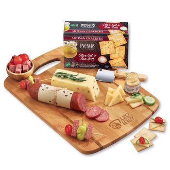 Bamboo Charcuterie Snack Board & Knife Gift Set With Cheese, Sausage,Crackers, & Cleaver (Shelf Stable) - Firebranded Personalization Available from Positive Promotions