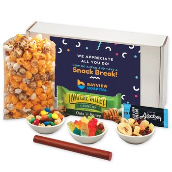 Savory & Sweet Snack Box With Beef Sticks, Popcorn, Granola Bar, & Albanese® Gummi Bears - Full-Color Personalization Available from Positive Promotions