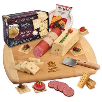 Wisconsin Sampler Large Bamboo Charcuterie Board Gift Set With Knife, Cheese, Sausage, Crackers - Firebranded Personalization Available from Positive Promotions