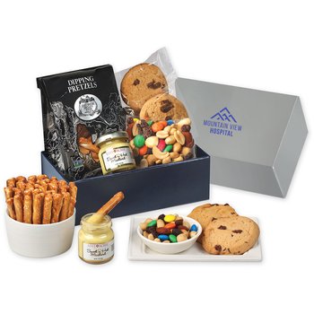Pretzel & Cookie Snack Gift Box With Trail Mix & Dipping Mustard - Foil-Stamped Personalization Available from Positive Promotions