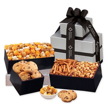 Sweet & Salty Snack Tower With Cookies, Peanuts, Pretzels, & Popcorn - Foil-Stamped Personalization Available from Positive Promotions