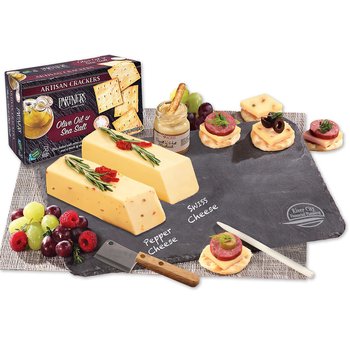 Genuine Slate Serving Charcuterie Plate Gift Set With Cheese, Sausage, Crackers, & Knife - One-Color Personalization Available from Positive Promotions