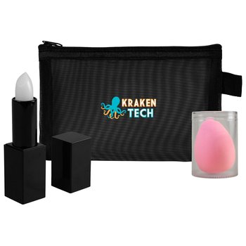 3-Piece Beauty Set: Large Recycled Mesh Zip Pouch, Lip Balm Stick, & Makeup Blending Sponge - Full-Color Personalization Available from Positive Promotions