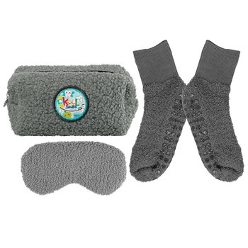 3-Piece Recycled PET Teddy Fuzzy Travel Set With Embroidered Emblem Travel Pouch Bag, Anti-Slip Socks, & Eye Mask - Full-Color Personalization Available from Positive Promotions