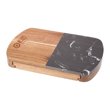 Acacia Wood & Black Marble Charcuterie Board With Built-In Stainless-Steel Knife Set - Laser-Engraved Personalization Available from Positive Promotions