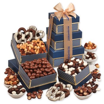 3-Tier Kosher Stripe Gourmet Variety Snack Tower With Chocolate Almonds, Cranberries, Pretzels, & Nuts - Foil-Stamped Personalization Available from Positive Promotions