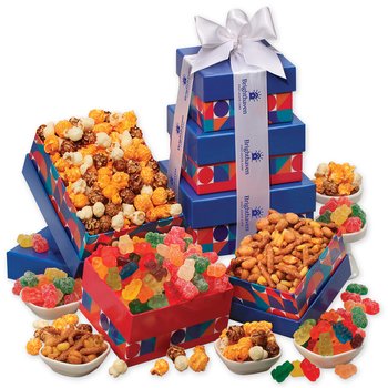 3-Tier Fun Flavors Gourmet Sweet & Salty Variety Tower With Albanese® Gummies, Popcorn, & Snack Mix - Foil-Stamped Personalization Available from Positive Promotions